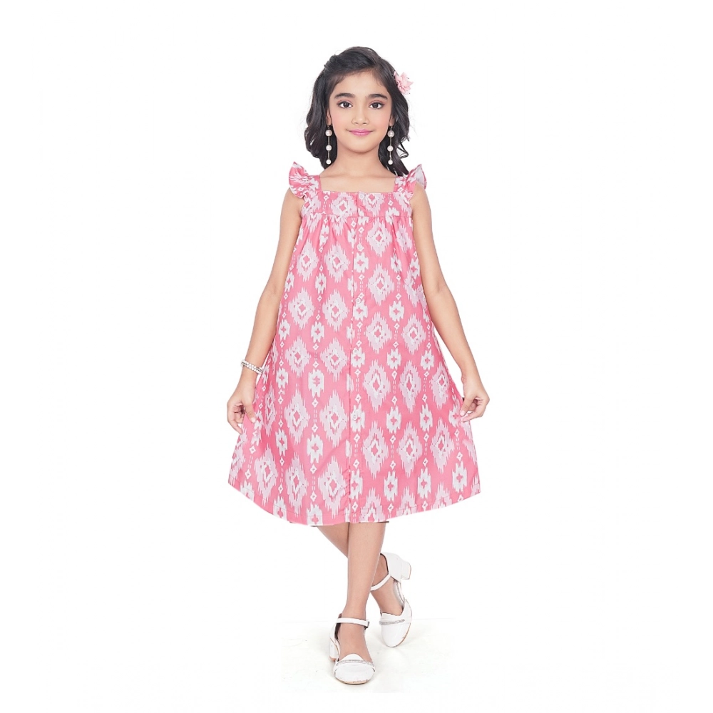 Girl's Cotton Printed Sleeve Less Squre Neck Dress (Pink)