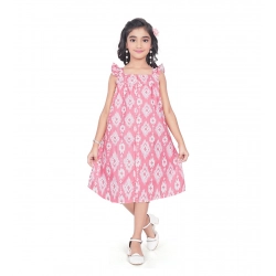 Girl's Cotton Printed Sleeve Less Squre Neck Dress (Pink)