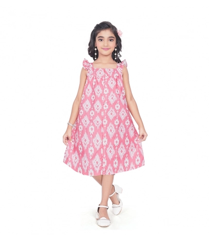 Girl's Cotton Printed Sleeve Less Squre Neck Dress (Pink)
