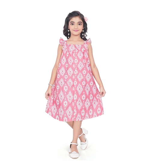 Girl's Cotton Printed Sleeve Less Squre Neck Dress (Pink)