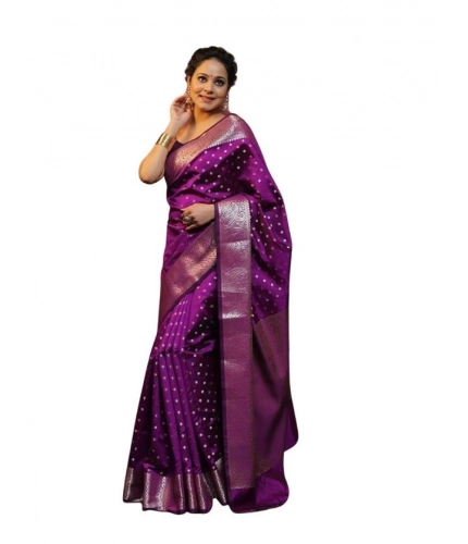 Women's Soft Lichi Silk Printed Saree With Unstitched Blouse 5.5Mtr (Purple)
