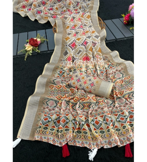 Women's Linen Cotton  Printed Saree With Unstitched Blouse 5.5Mtr (Cream)