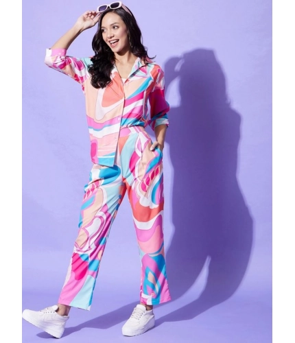 Women's Polyester Printed 3-4th Sleeve Co-Ord Set (Multicolor)