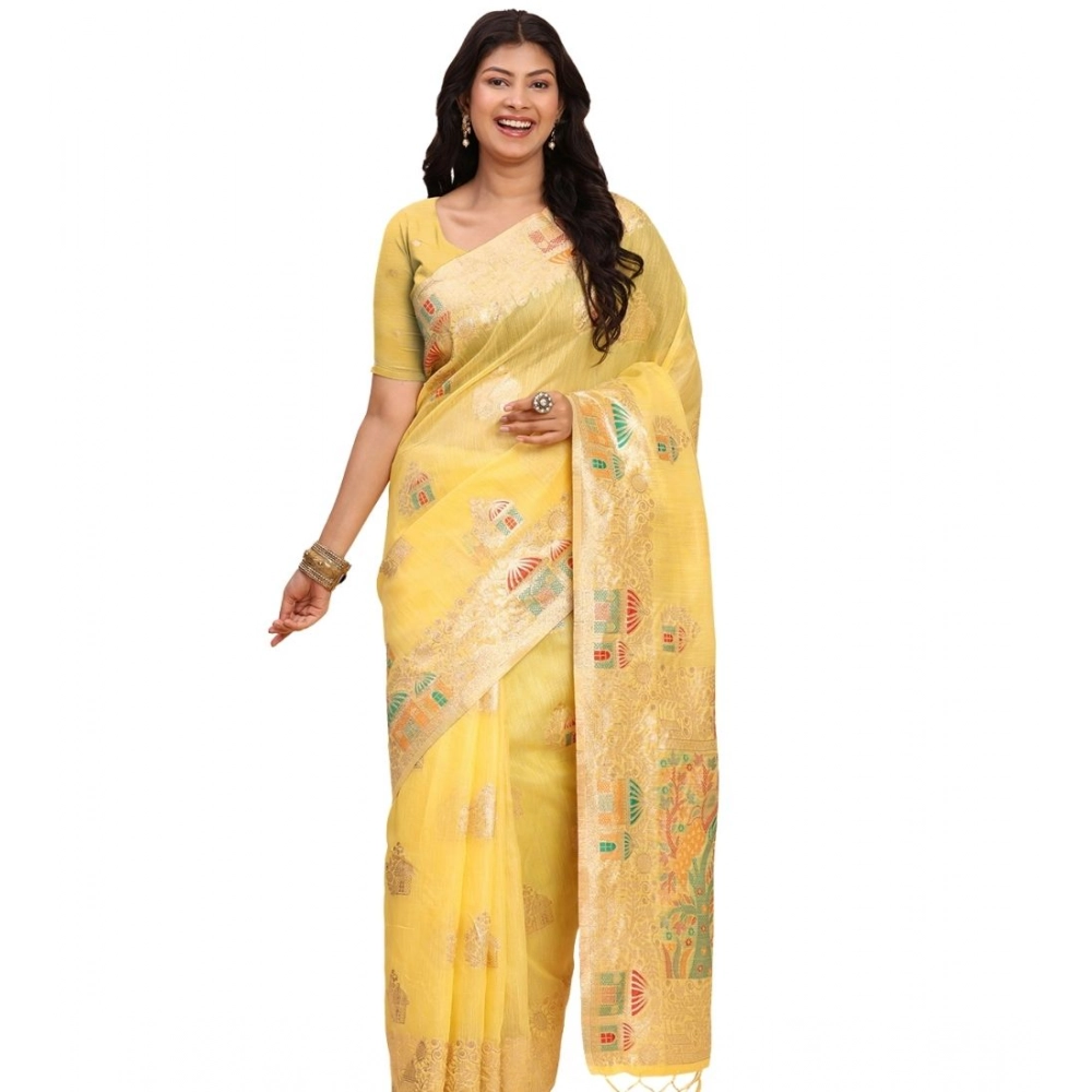Women's Linen Cotton Printed Saree With Unstitched Blouse 5.5Mtr (Yellow) Women's Linen Cotton Printed Saree With Unstitched Blouse 5.5Mtr (Yellow)