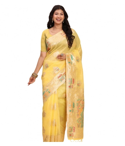 Women's Linen Cotton Printed Saree With Unstitched Blouse 5.5Mtr (Yellow)