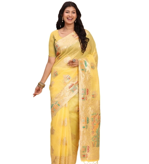 Women's Linen Cotton Printed Saree With Unstitched Blouse 5.5Mtr (Yellow)