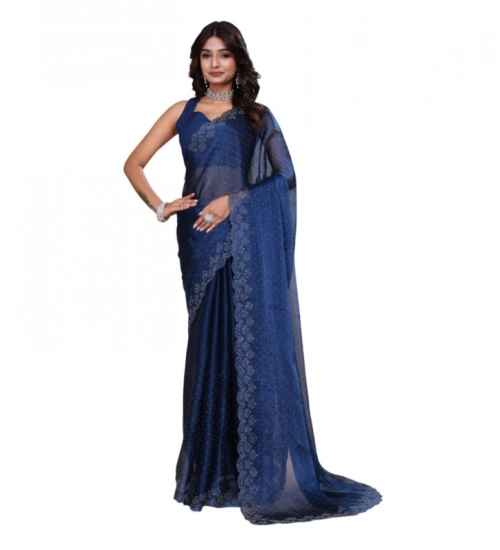 Women's Jimmy choo Embellished Bollywood Saree With Unstitched Blouse 5.5Mtr (Blue)