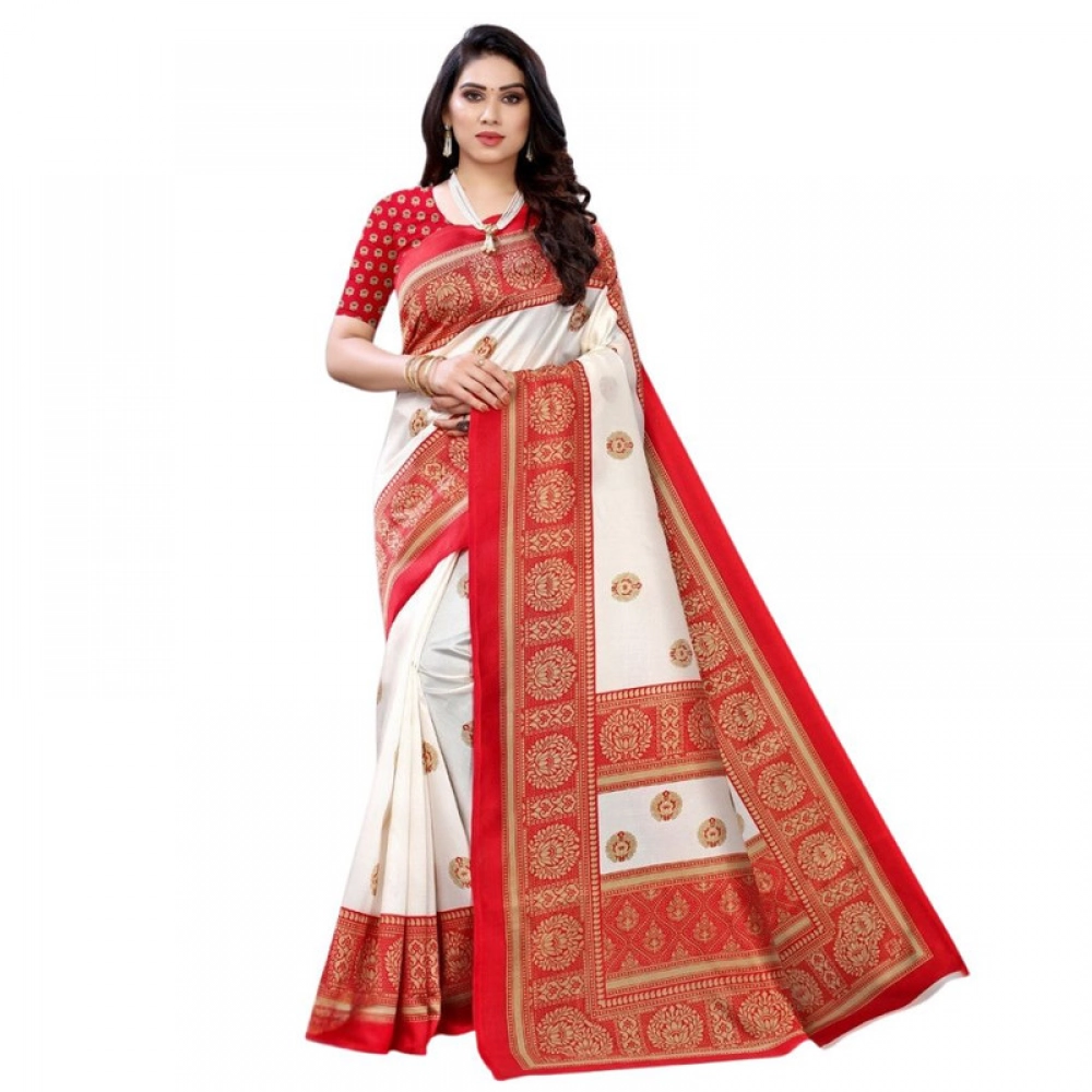 Women's Litchi silk Printed Saree With Unstitched Blouse 5-6 Mtrs (Red) Women's Litchi silk Printed Saree With Unstitched Blouse 5-6 Mtrs (Red)
