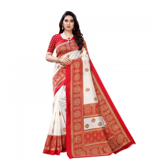 Women's Litchi silk Printed Saree With Unstitched Blouse  5-6 Mtrs (Red)
