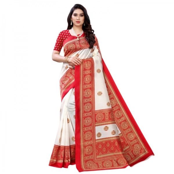 Dropship Women's Litchi silk Printed Saree With Unstitched Blouse  5-6 Mtrs (Red)