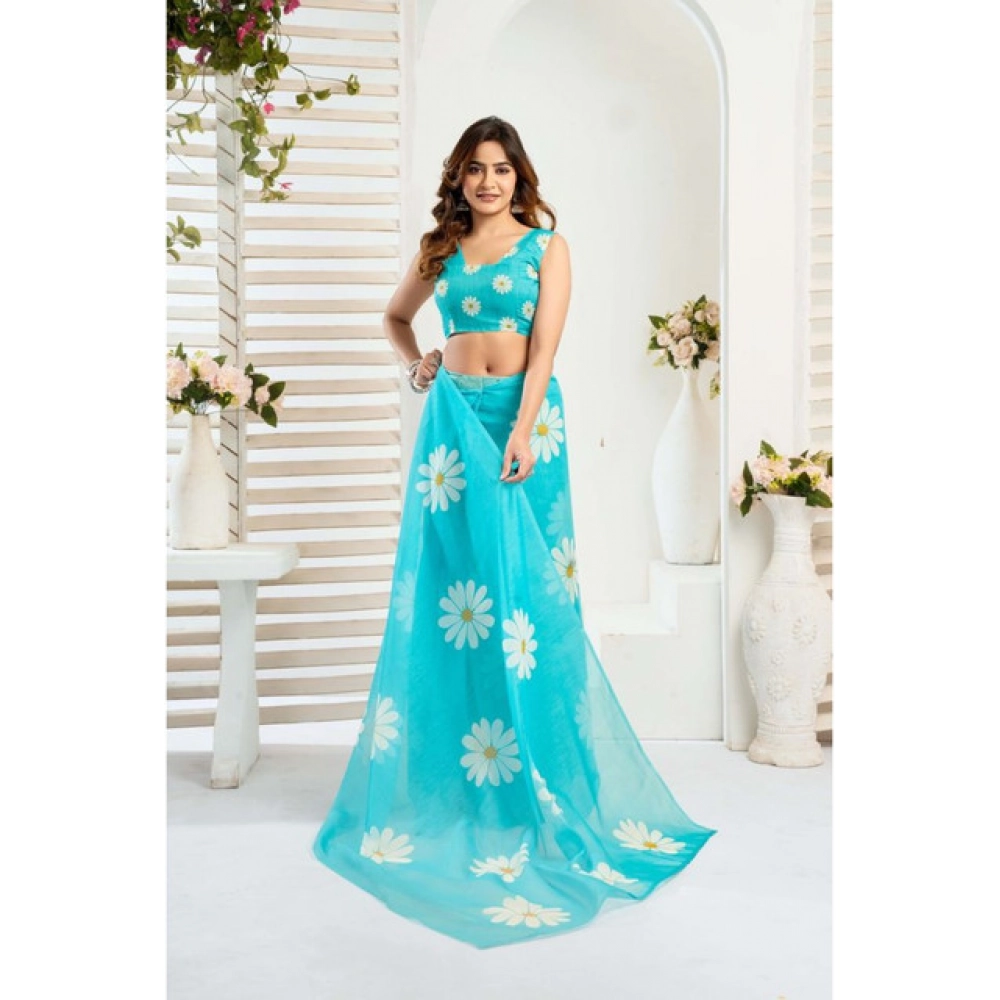 Women's Linen Cotton Printed Ready To Wear Saree With Unstitched Blouse 5.5 Mtr (Aqua_Blue) Women's Linen Cotton Printed Ready To Wear Saree With Unstitched Blouse 5.5 Mtr (Aqua_Blue)