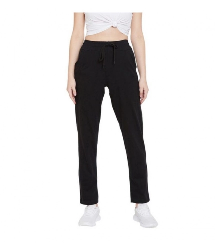 Women's Cotton Solid Elasticated Track Pants (Black)