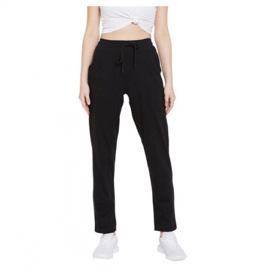 Women's Cotton Solid Elasticated Track Pants (Black)