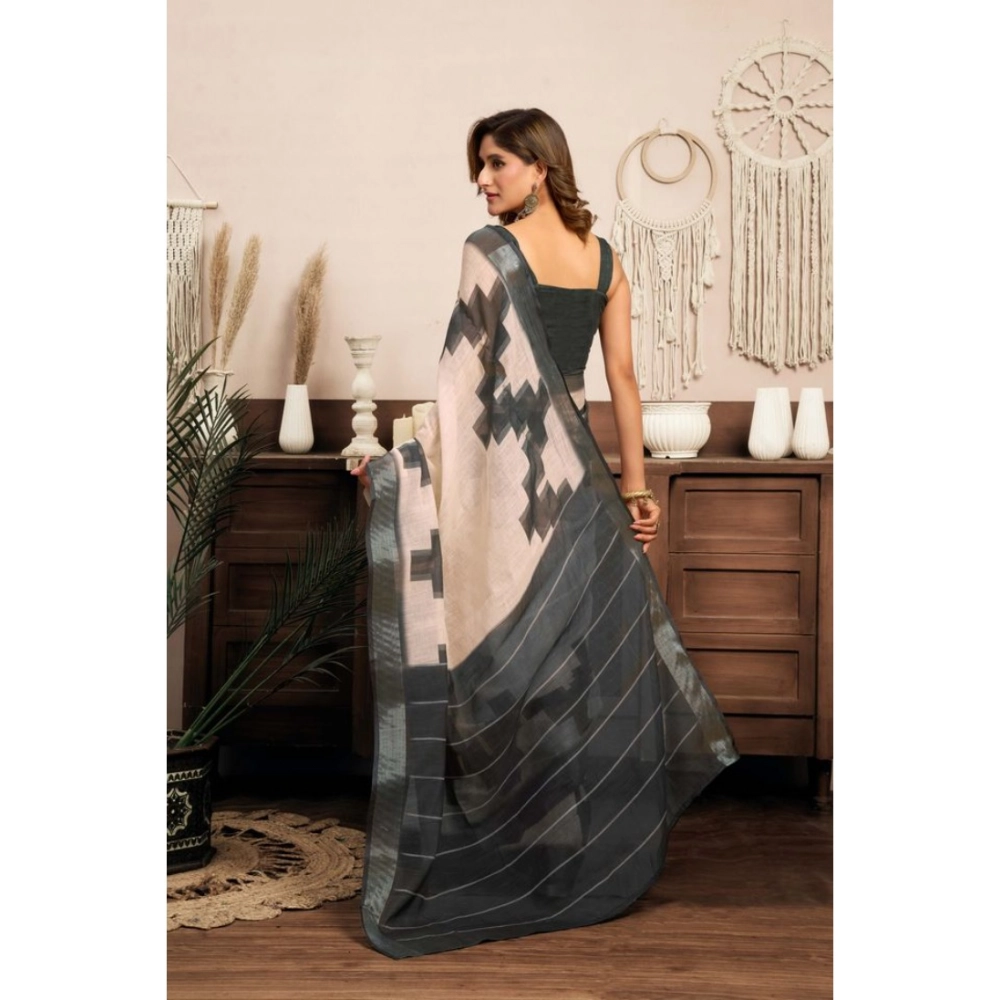 Women's Linen Cotton Printed Ready To Wear With Pocket Saree With Unstitched Blouse 5.5 Mtr (Light_Beige)