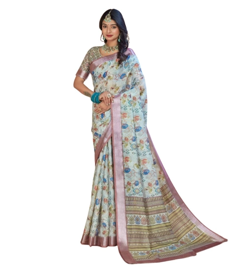 Women's Printed Cotton Linen Saree withPrinted  Saree With Unstitched Blouse (Rust  , 5-6Mtrs)