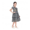 Girl's Artificial Silk Striped Short Sleeve V Neck Dress (Grey)