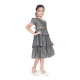 Girl's Artificial Silk Striped Short Sleeve V Neck Dress (Grey)