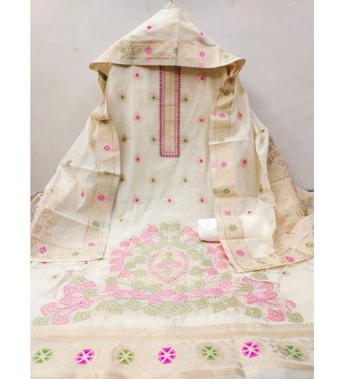 Women's Banarasi Silk Printed Unstitched Salwar Suit Material With Dupatta (White, 3Mtrs)
