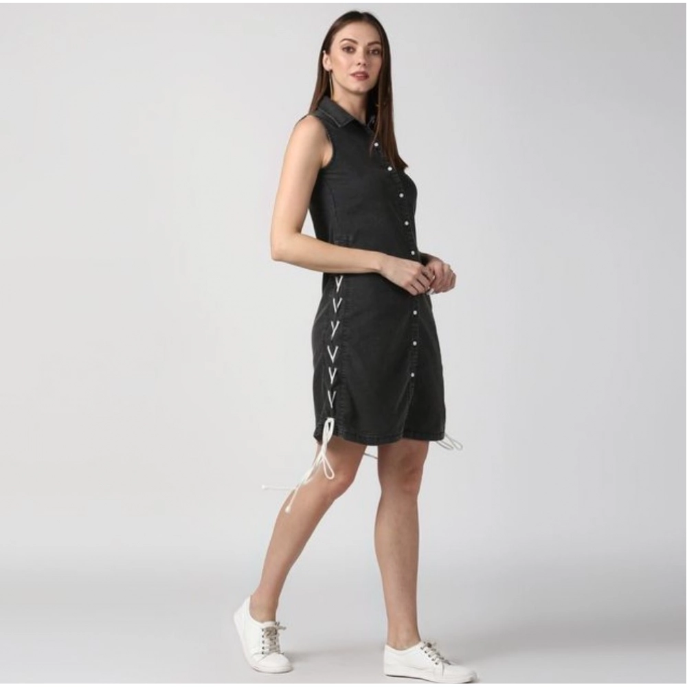 Women's Denim Solid Sleeveless Dress (Black) Women's Denim Solid Sleeveless Dress (Black)
