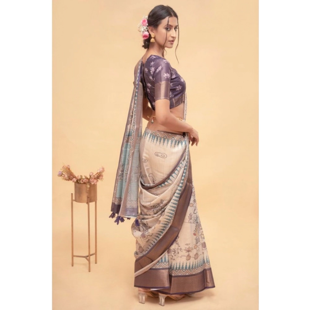 Women's Polyester Printed Saree With Unstitched Blouse 5.5 Mtr (Off-White)