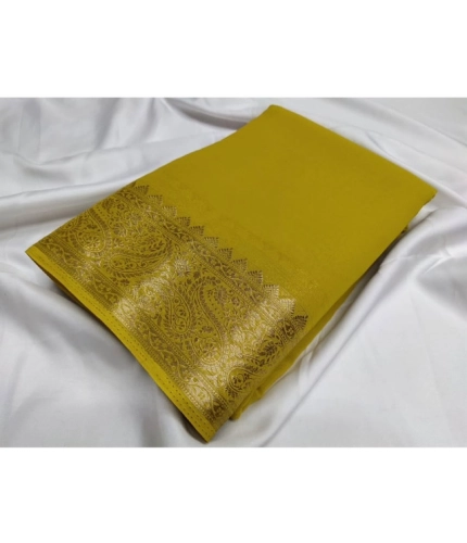 Women's Crepe Chit Pallu Solid Saree With Unstitched Blouse 5.5Mtr (Mustard Yellow)