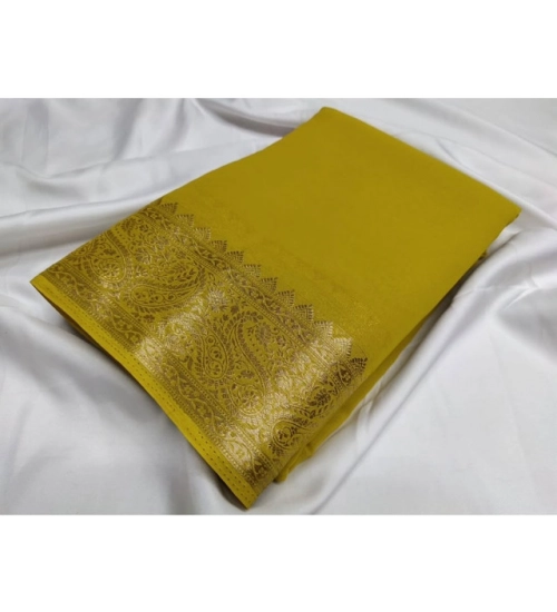 Women's Crepe Chit Pallu Solid Saree With Unstitched Blouse 5.5Mtr (Mustard Yellow)