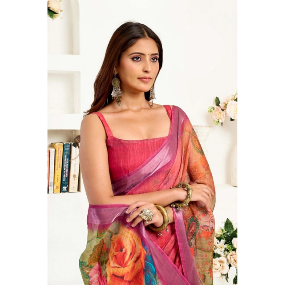 Women's Linen Cotton Printed Ready To Wear Saree With Unstitched Blouse 5.5 Mtr (Pink)