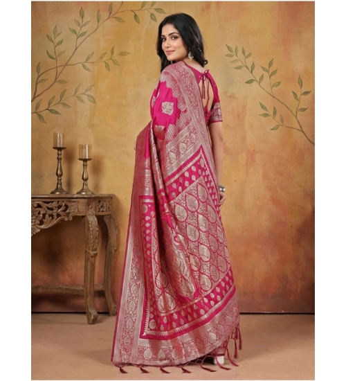 Women's Silk Blend Printed Saree With Unstitched Blouse 5.5Mtr (Magenta)
