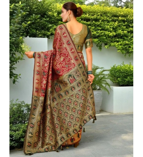 Women's Silk Blend Woven Paithani Saree With Unstitched Blouse 5.5Mtr (Red)