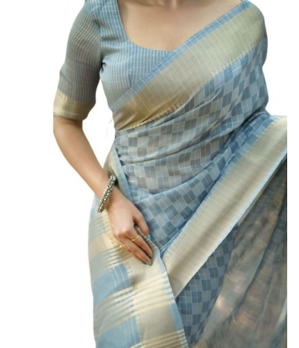 Women's Silk_Blend Checked Saree With Unstitched Blouse 5.5Mtr (Sky_Blue)