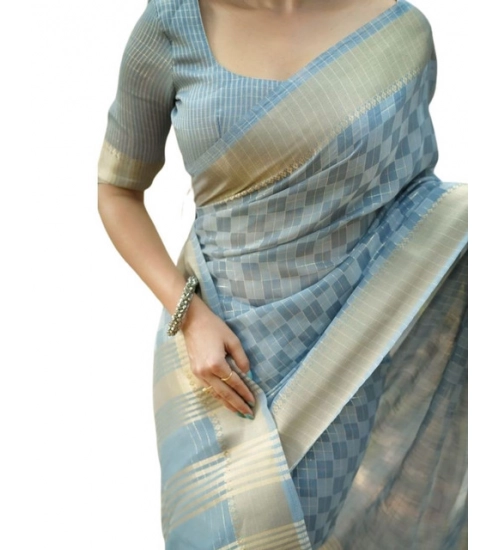 Women's Silk_Blend Checked Saree With Unstitched Blouse 5.5Mtr (Sky_Blue)