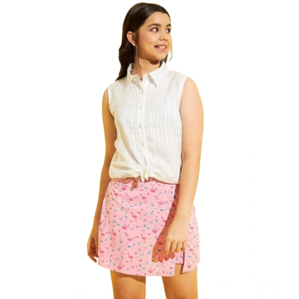 Girl's Polyester Lurex Printed Sleeveless Top Set (Pink-White) Girl's Polyester Lurex Printed Sleeveless Top Set (Pink-White)