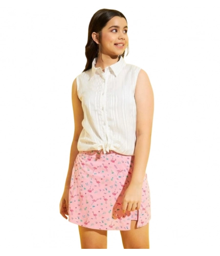 Girl's Polyester Lurex Printed Sleeveless Top Set (Pink-White)