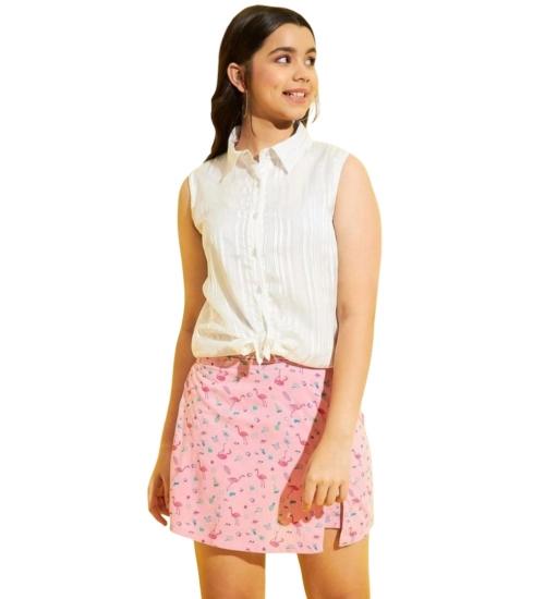 Girl's Polyester Lurex Printed Sleeveless Top Set (Pink-White)
