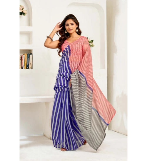 Women's Linen Cotton Printed Ready To Wear Saree With Unstitched Blouse 5.5 Mtr (Blue)