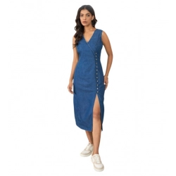 Women's Denim Solid Sleeveless Dress (Blue)