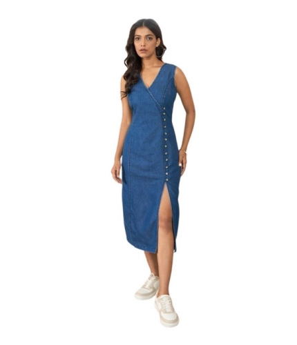 Women's Denim Solid Sleeveless Dress (Blue)