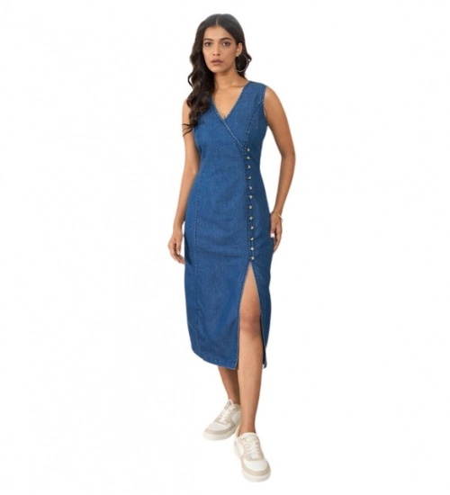 Women's Denim Solid Sleeveless Dress (Blue)