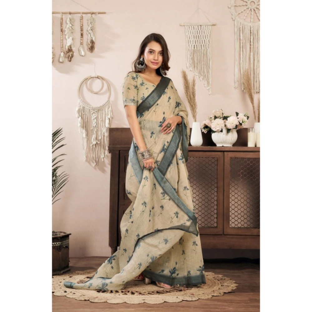 Women's Linen Cotton Printed Ready To Wear Saree With Unstitched Blouse 5.5 Mtr (Light_Beige)