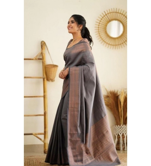 Women's Litchi silk Printed Saree With Unstitched Blouse (Grey)