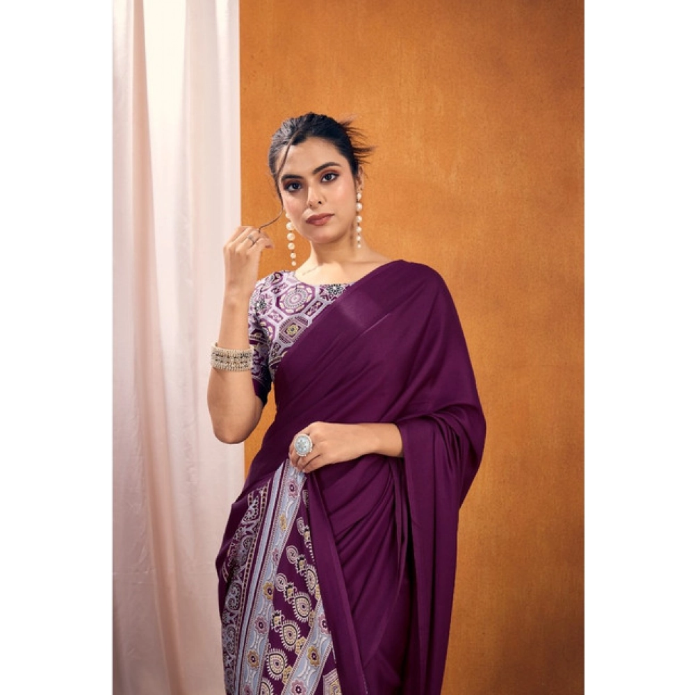 Women's Satin Crepe Printed Saree With Unstitched Blouse 5.5Mtr (Purple)