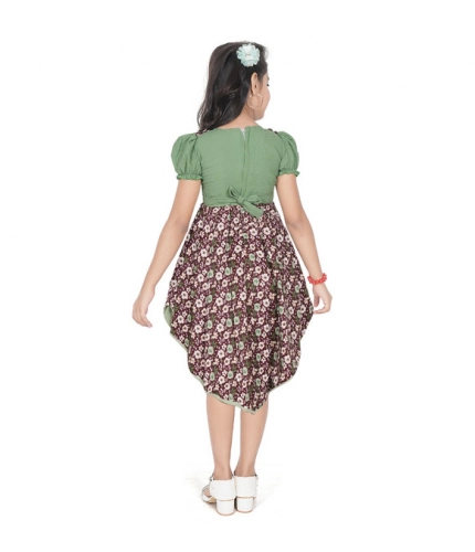 Girl's Twill Printed Short Sleeve Round Neck Dress (Green)