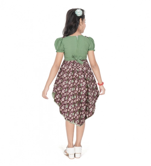 Girl's Twill Printed Short Sleeve Round Neck Dress (Green)