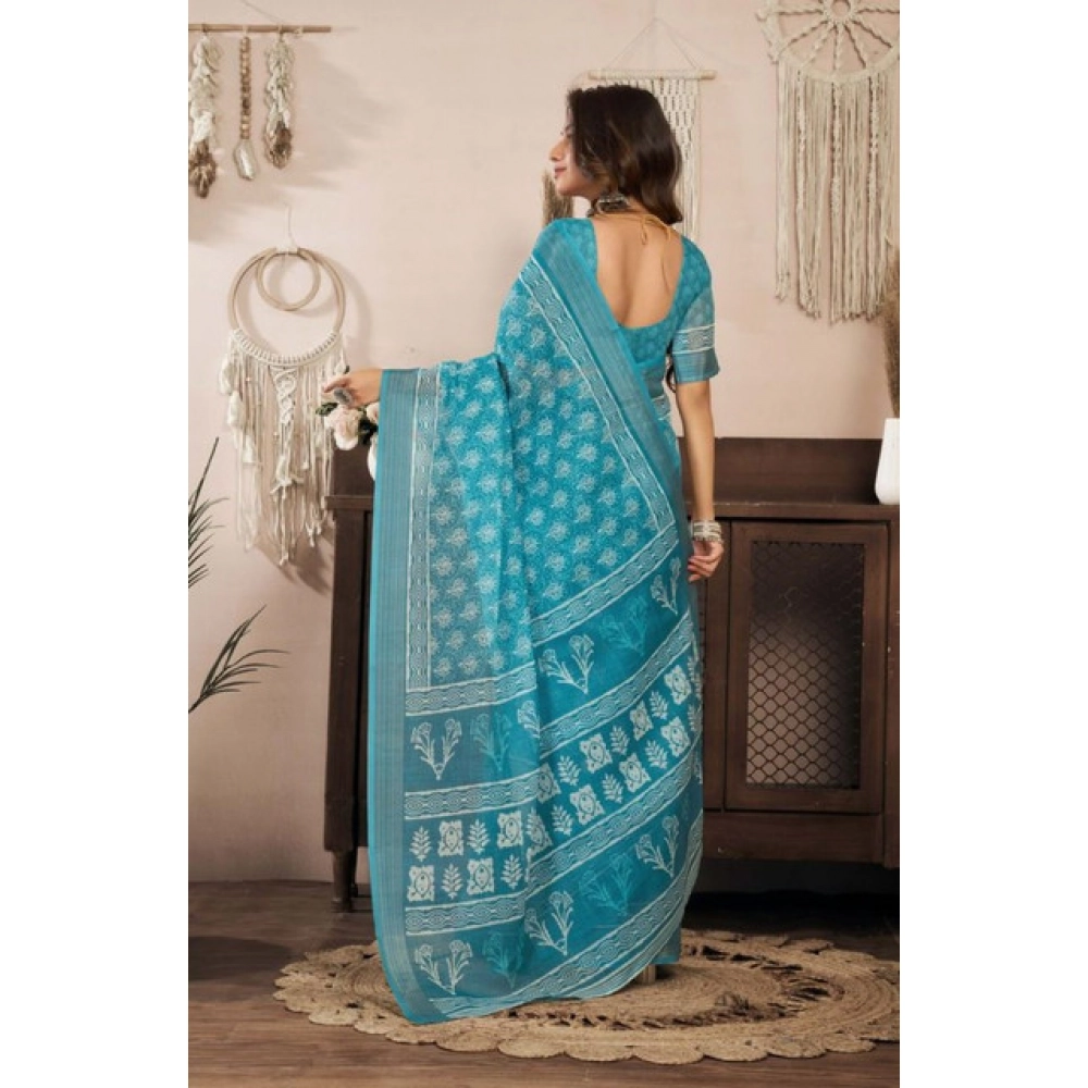 Women's Faux Linen Floral Print Ready to wear Saree With Unstitched Blouse 5.5Mtr (AquaBlue) Women's Faux Linen Floral Print Ready to wear Saree With Unstitched Blouse 5.5Mtr (AquaBlue)