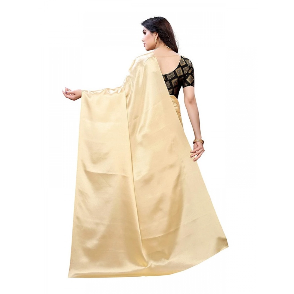 Women's Satin Printed Saree With Unstitched Blouse 5.5Mtr (Chiku)