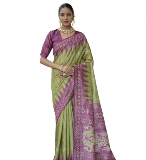 Women's Faux_Tussar Ikat Saree With Unstitched Blouse 5.5Mtr (Green)