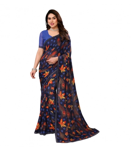 Women's Georgette Printed Saree With Unstitched Blouse 5.5Mtr (Blue)