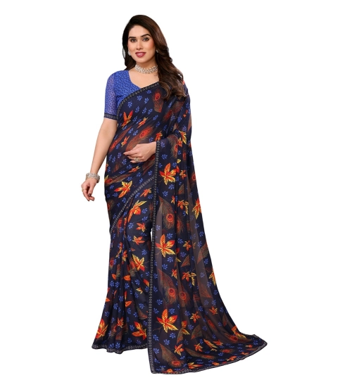 Women's Georgette Printed Saree With Unstitched Blouse 5.5Mtr (Blue)