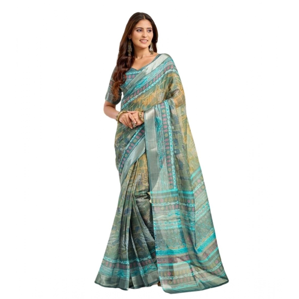 Women's Faux Linen Printed Ready to wear Saree With Unstitched Blouse 5.5Mtr (Multicolor) Women's Faux Linen Printed Ready to wear Saree With Unstitched Blouse 5.5Mtr (Multicolor)