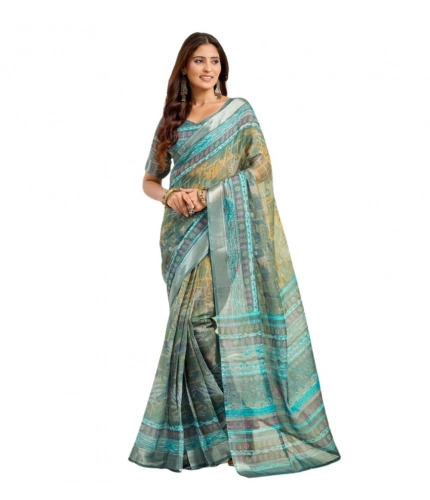 Women's Faux Linen Printed Ready to wear Saree With Unstitched Blouse 5.5Mtr (Multicolor) Women's Faux Linen Printed Ready to wear Saree With Unstitched Blouse 5.5Mtr (Multicolor)